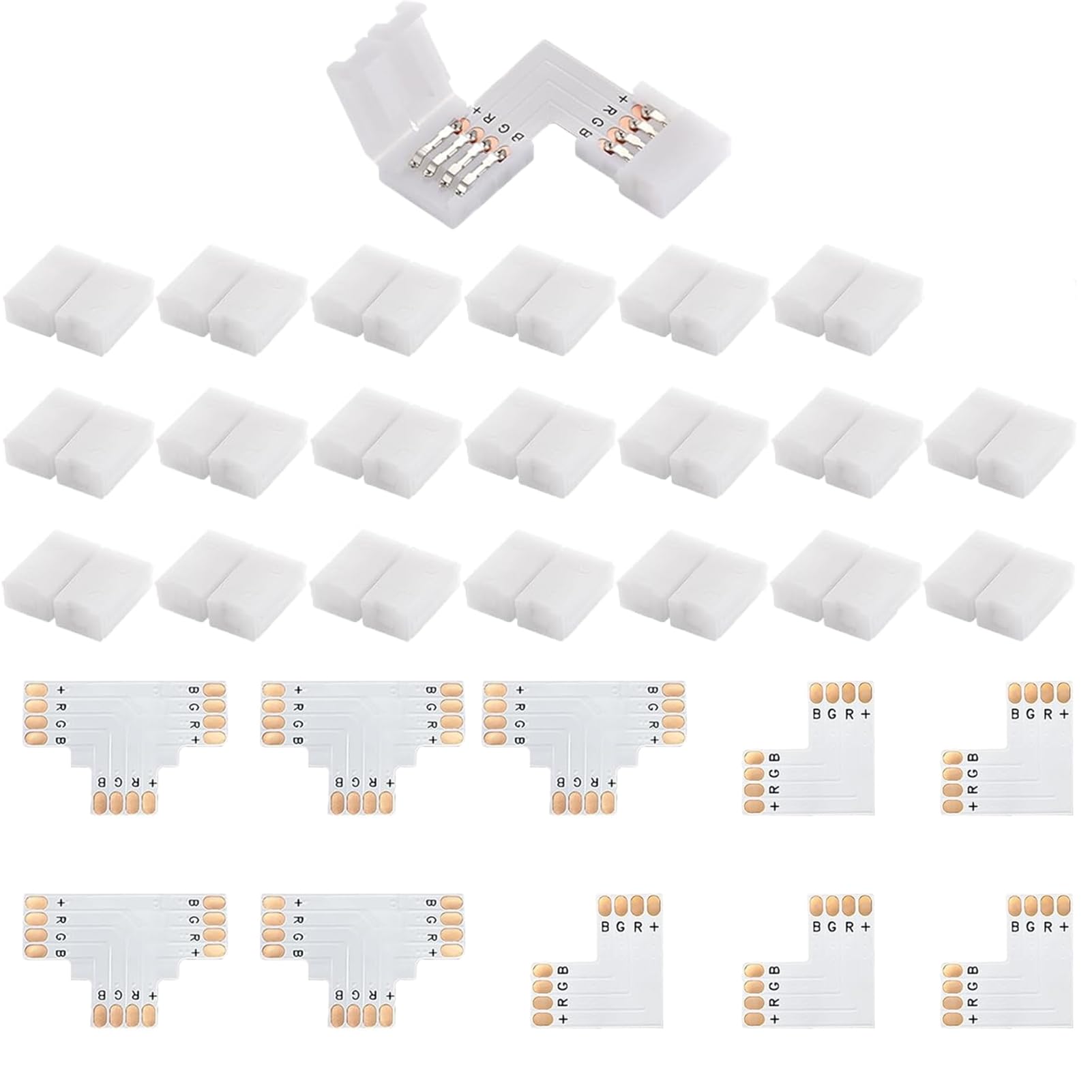 10Pcs LED Strip Light Connectors 4-Pin with 20 Pcs Connector Clips, 10mm RGB LED Strip Connector Block Solderless Gapless Adapter 5PCS T Shape+5PCS L Shape for SMD 5050 3528 RGB LED Strips(10MM, L+T)
