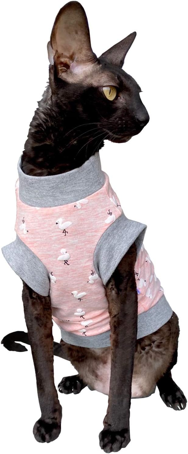 Kotomoda Hairless Cat's cotton stretch T-shirt Small Flamingo for Sphynx Cats (M)