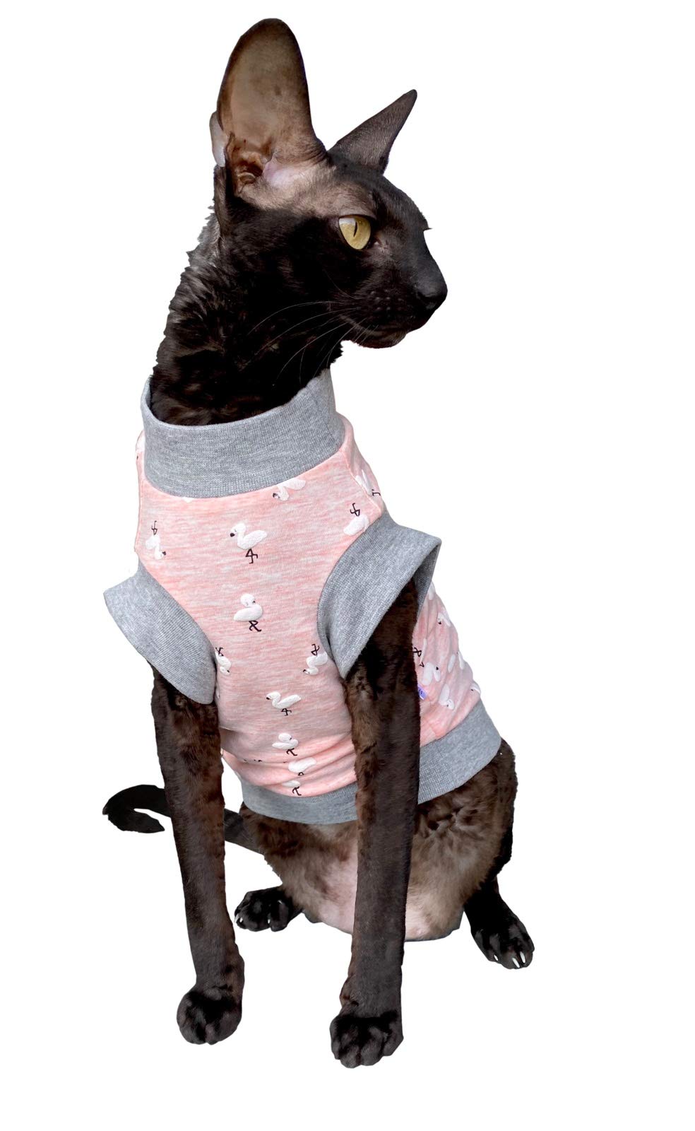 Kotomoda Hairless Cat's cotton stretch T-shirt Small Flamingo for Sphynx Cats (M)
