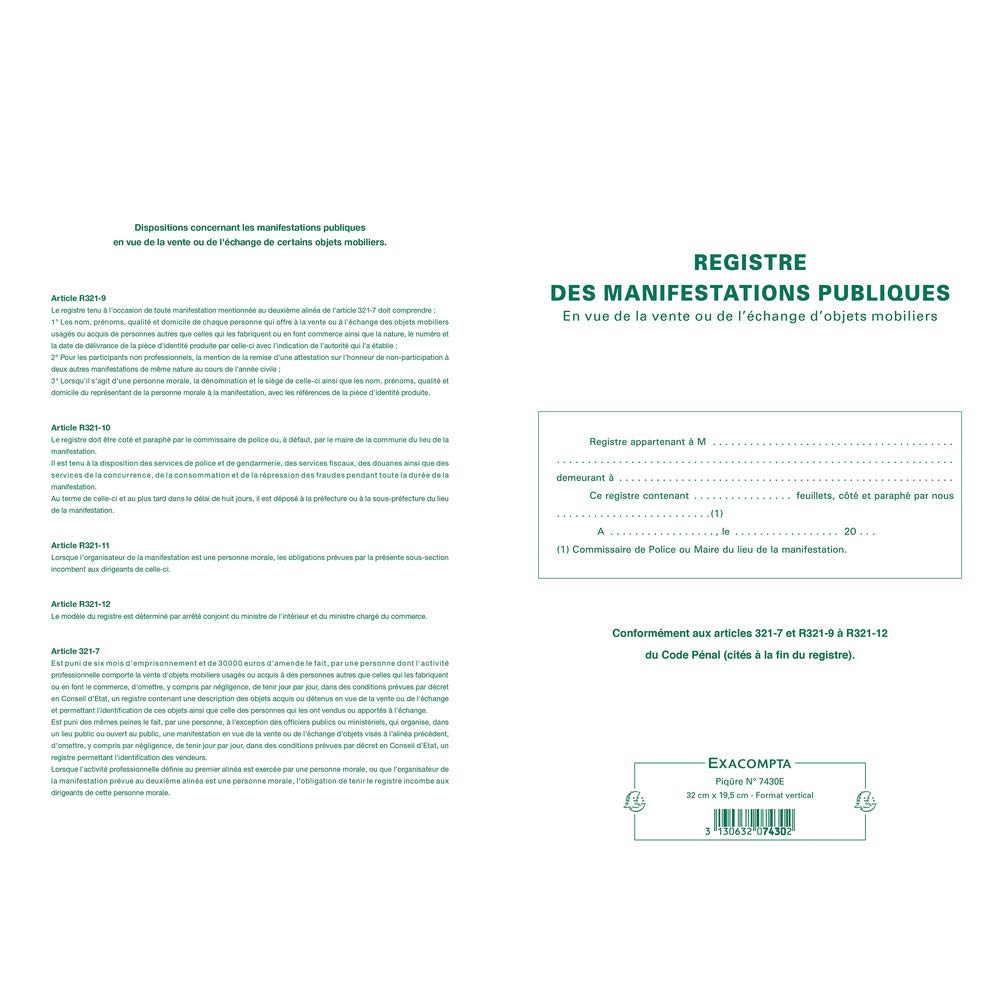 Exacompta 32x19.5cm Vertical Vendor Identification Register, 80 Pages (French)