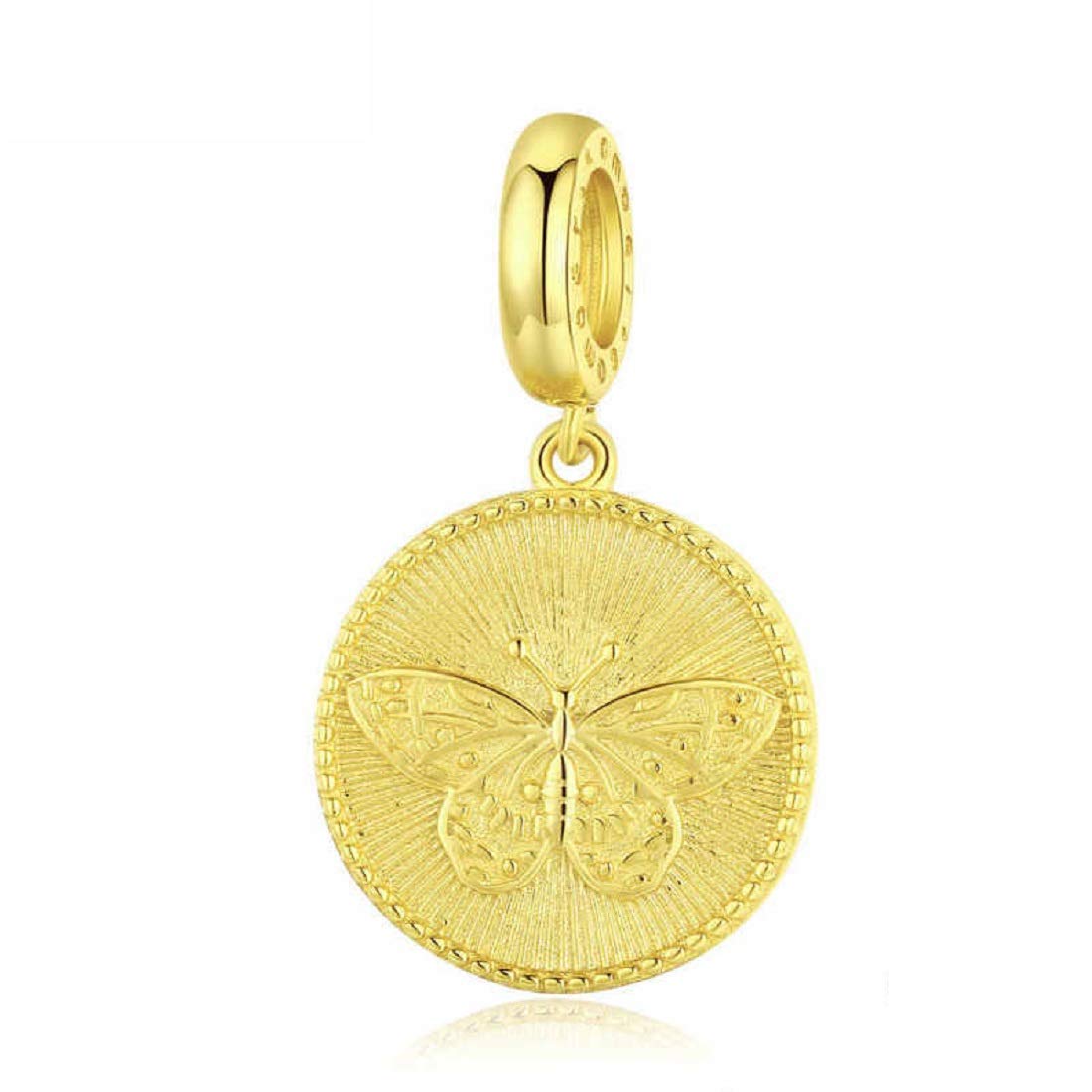 FeatherWish Sterling Silver 925 Butterfly Charm With Gold Plating Compatible With Pandora And European Bracelet (Round Coin Charm)
