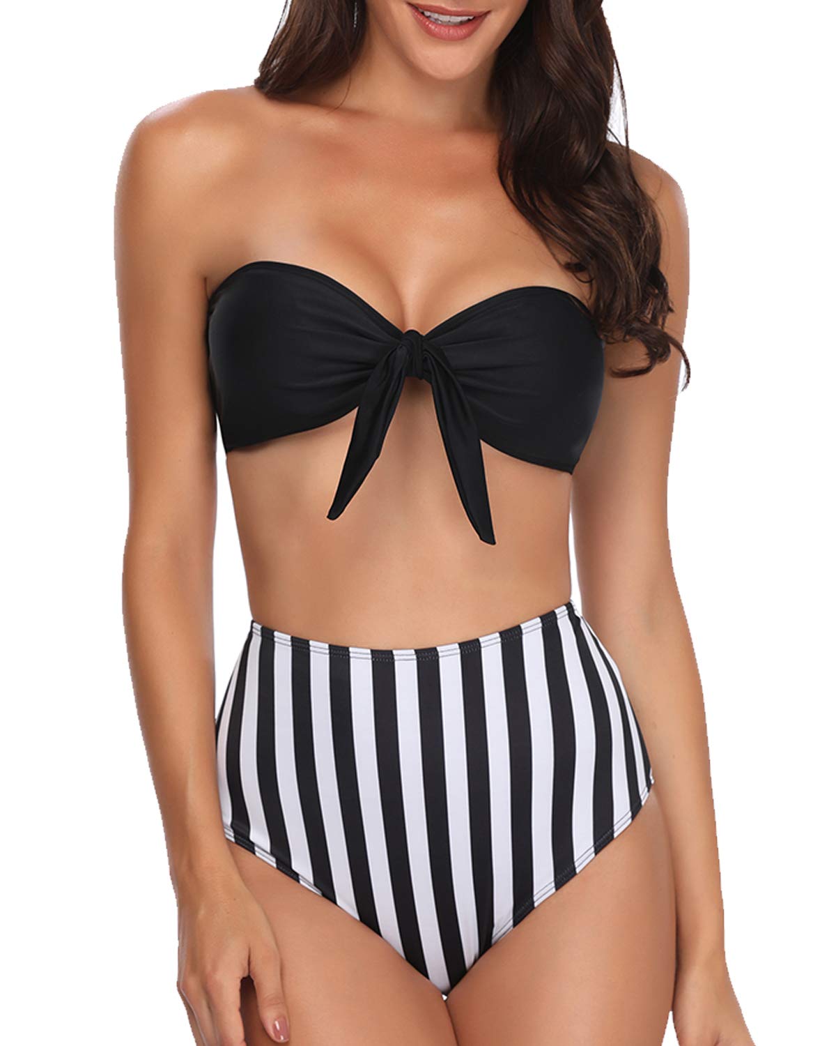 Temptme Apparel Women Bandueau Strapless High Waist Bikini Set Tie Knot Two Piece Swimsuit Swimwear Stripe Bathing Suit L