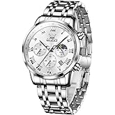 OLEVS Mens Stainless Steel Chronograph Watch, Big Face Roman Numerals Date Analog Quartz Dress Watches for Men, Fashion Multifunctional Waterproof Luminous Hands Men's Wristwatch