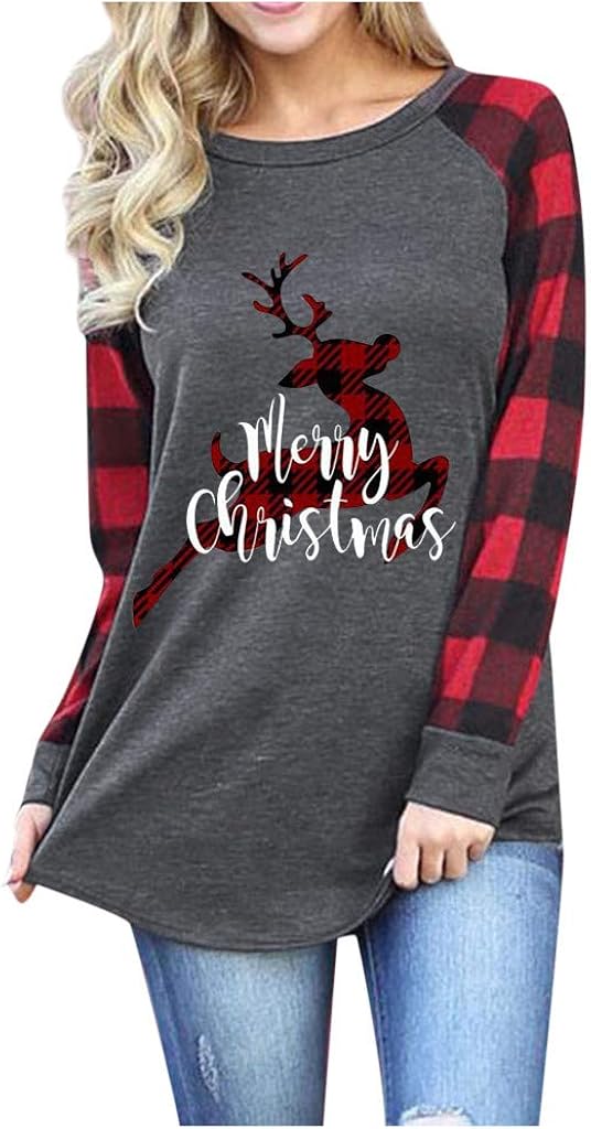 K-Youth Camisetas de Manga Larga Mujer Talla Grande 2019 Oferta Reno Estampado Camiseta Mujer Navidad Blusas de Fiesta de Mujer Elegantes Blusa Pullover Enrejado Tops