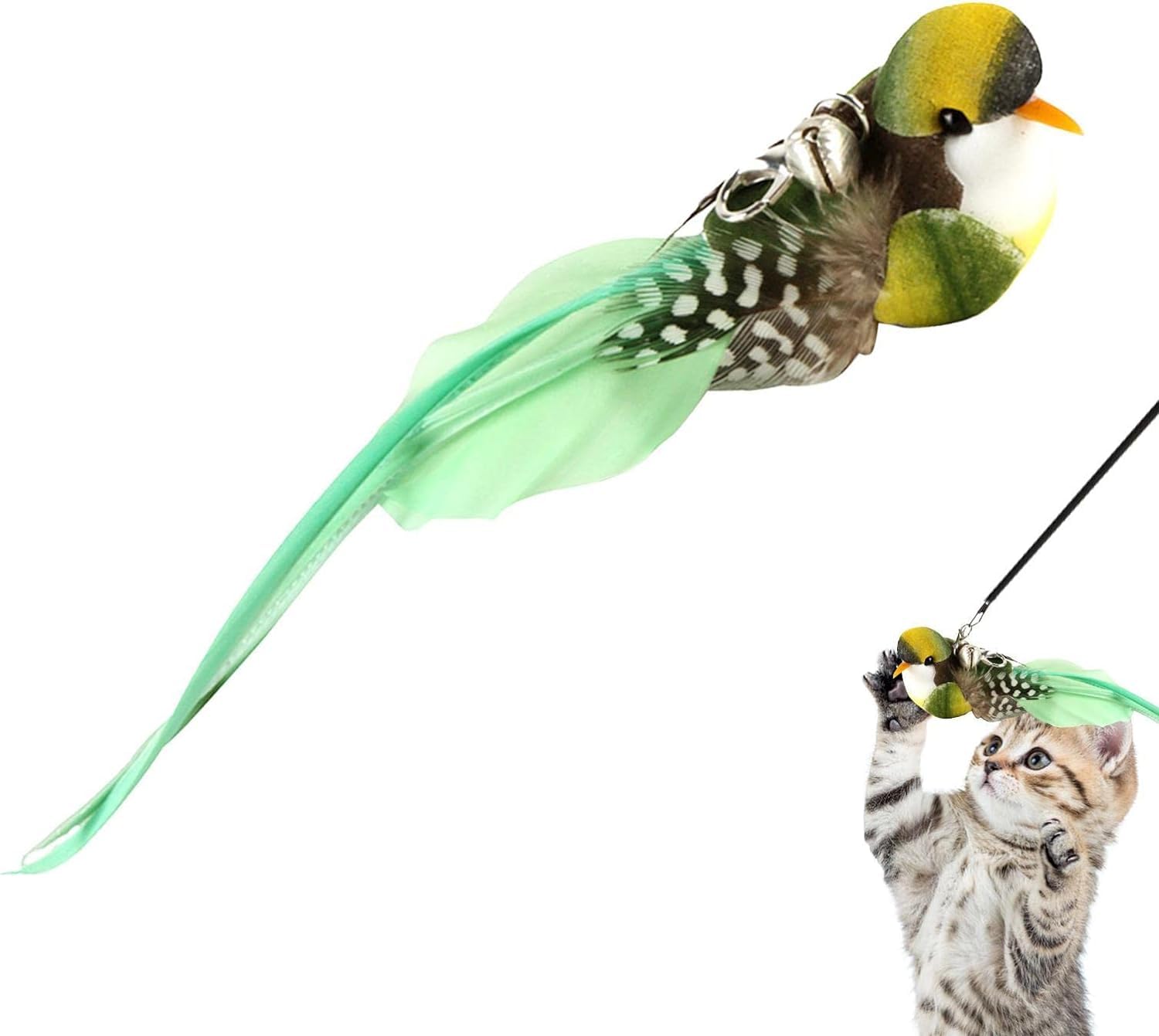 SquarezhenBo Green Bird Cat Toy for Indoor Cats, Cats Toys Wand, Refills, Birds Replacement Head with Bell - Handmade Cat Toy Birds Replacement for Cat Wand, Cast Toy, Feather Toys