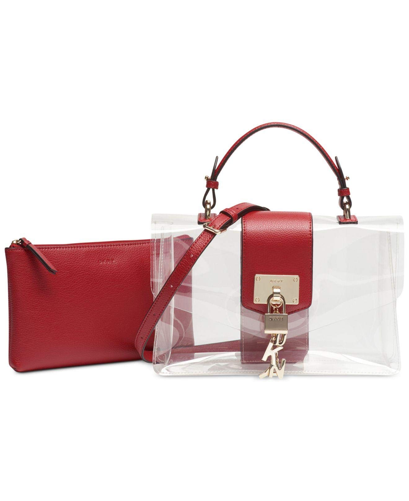 DKNY Women's Elissa Flap Clear Transparent Shoulder Tote Bag Red