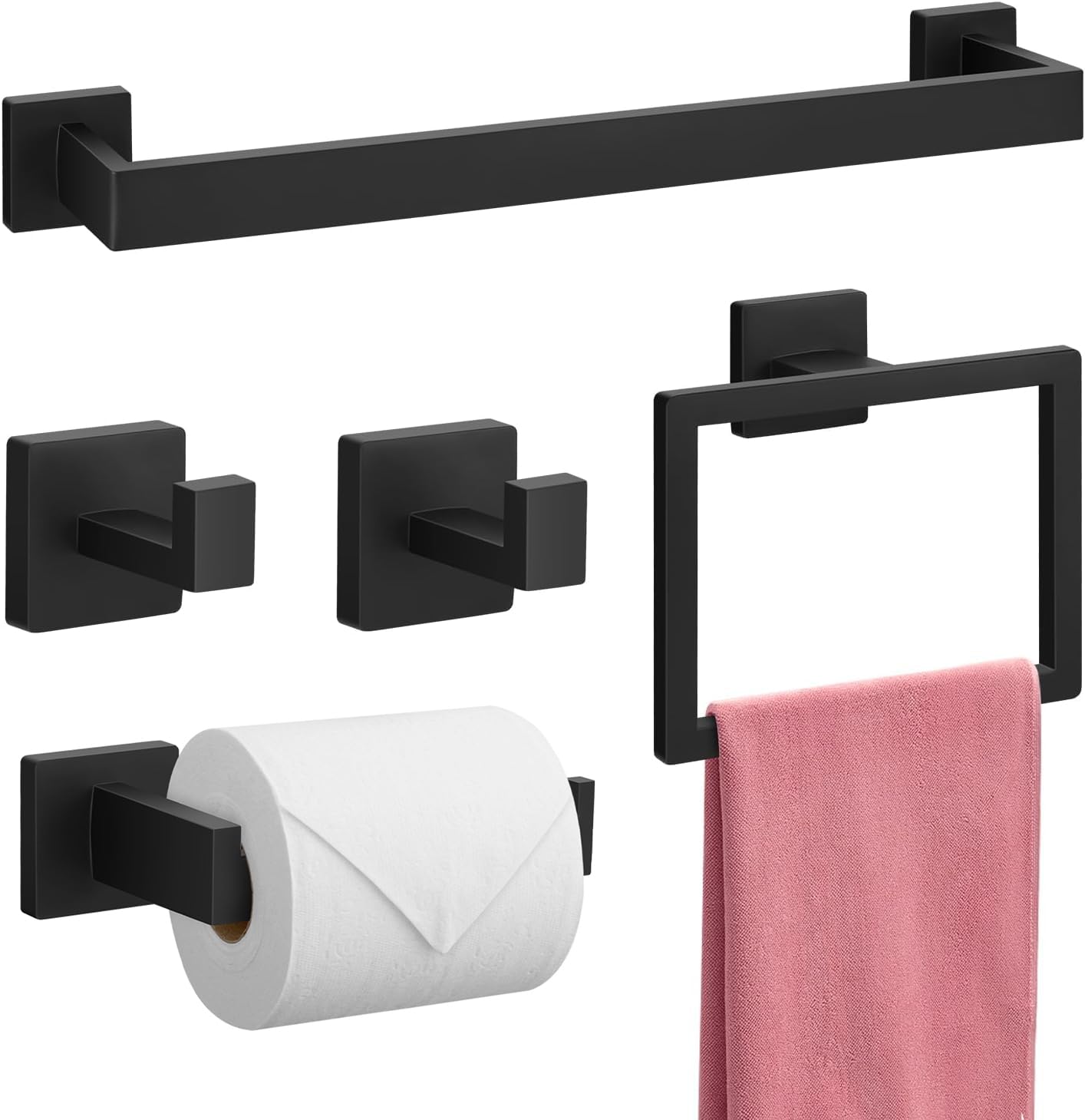 5pcs Matte Black Bathroom Accessories Set, Maypott 16 Inch Wall Mounted Towel Rail Hardware Set, SUS304 Stainless Steel Bath Towel Bar, Toilet Roll Holder,Towel Racks for Bathroom Toilet Paper Holder