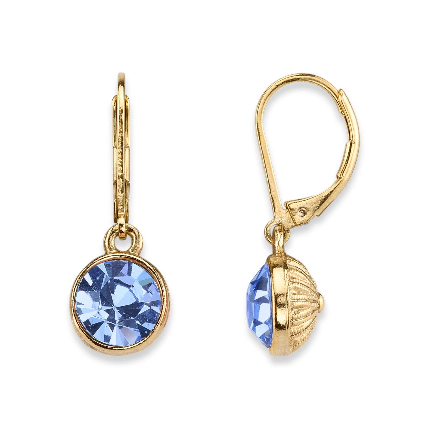 1928 Jewelry Best Of Times Pendientes redondos con bisel de cristal azul zafiro claro para mujer, minimalistas bañados en oro de 14 quilates, lindos y delicados