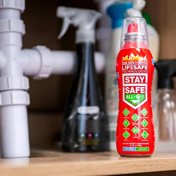 LIFESAFE TECHNOLOGIES STAYSAFE ALL-IN-1 PORTABLE FIRE EXTINGUISHER, COMPACT FIRE SPRAY EASY TO USE ON 10 TYPES OF FIRES, NON-TOXIC & ECO-FRIENDLY