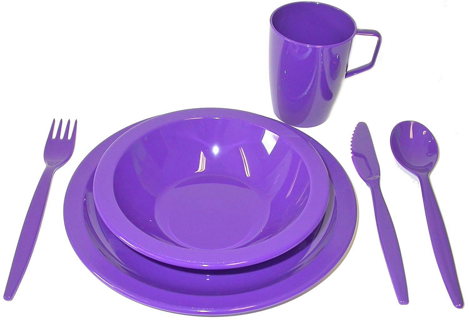 Purple Camping Dining Set - Plate, Bowl, Beaker and Cutlery - Reusable Virtually Unbreakable Tableware