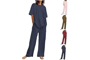 Cotton Linen Two Piece Sets for Women Short Sleeve Crewneck Tops with Drawstring Pants Matching Sets Summer Beach Outfits