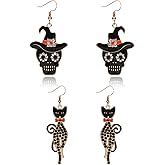 Hclian Halloween Earrings Set, Gothic Pumpkin Spooky Ghost Skull Skeleton Earrings Witch Hat Drop Earring Studs for Women Halloween Jewelry Set for Party ﻿