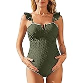 Summer Mae Ruffle Ribbed Maternity Swimsuit One Piece V-Wire Bathing Suit Shell Stitched Adjustable Straps Pregnancy Swimwear