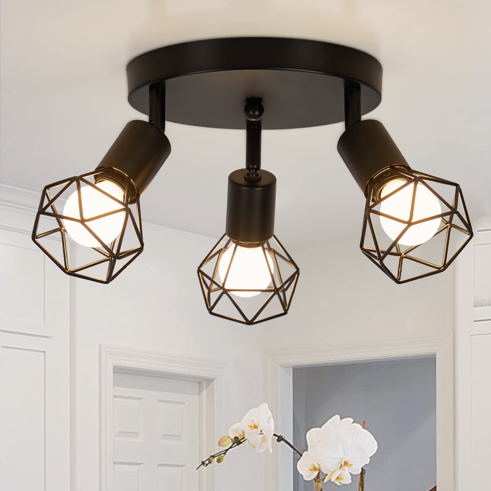 FORCOSO Spotlight Ceiling Light, Retro 3 Way Swiveling Ceiling Spotlight, Rotatable LED Wall Lights, Black Metal Lampshade for Living Room Bedroom Kitchen Loft — image 1