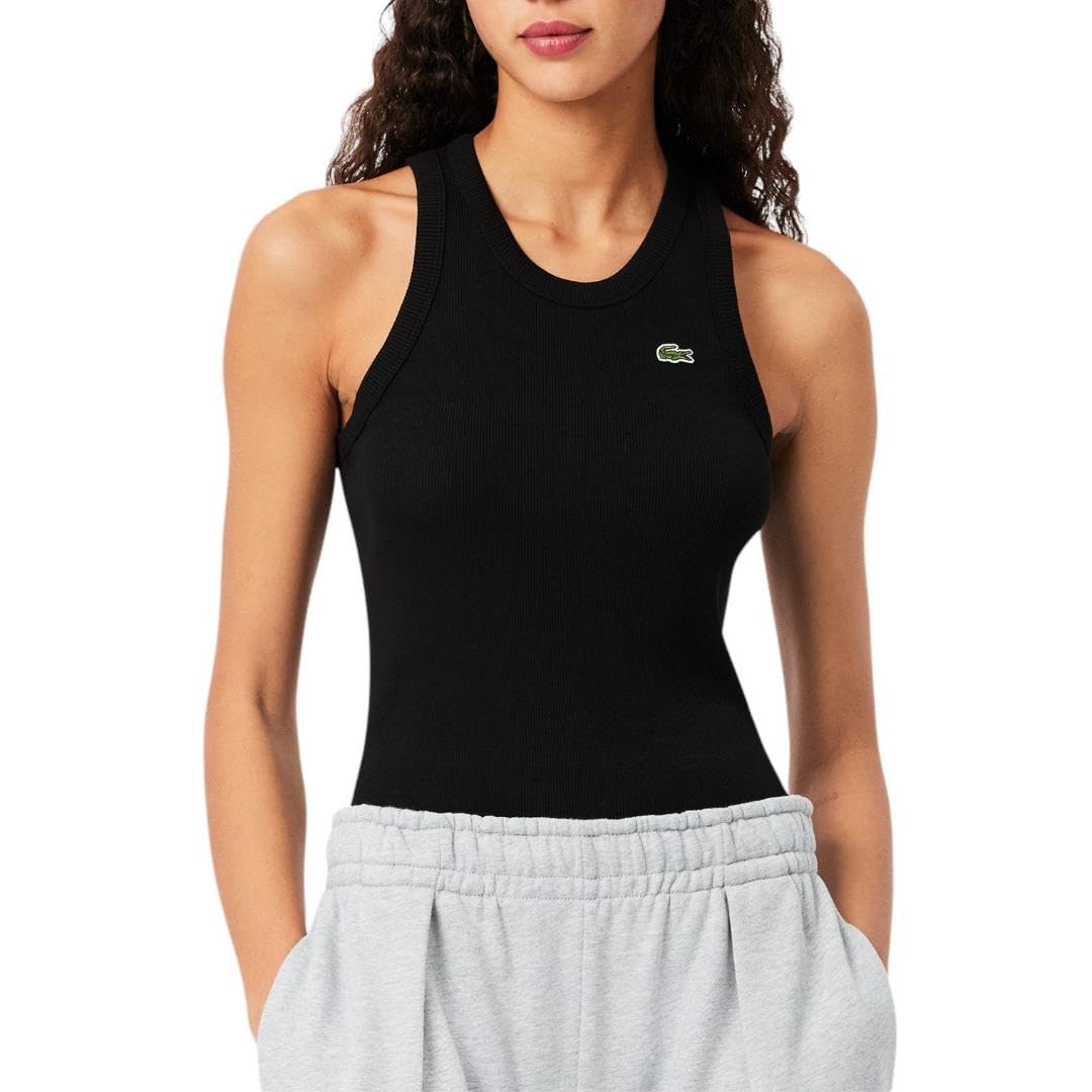 Lacoste Womens Crew Neck Sleeveless Slim Fit Classic T-Shirt, Black, 4