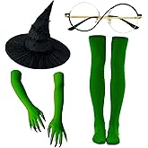 YlLUCHH Witch Costume Accessory Set – Black Hat, Round Glasses, Green Claw Gloves & Matching Green Socks for Halloween, Cosplay & Dress-Up
