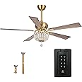 Gold Ceiling Fans with Lights and Remote, 52 Inch Ceiling Fan for Bedroom Living Room, Crystal Chandelier Outdoor Ceiling Fans with LED Light, Reversible 5 Blades, Ventilador de Techo con Luz