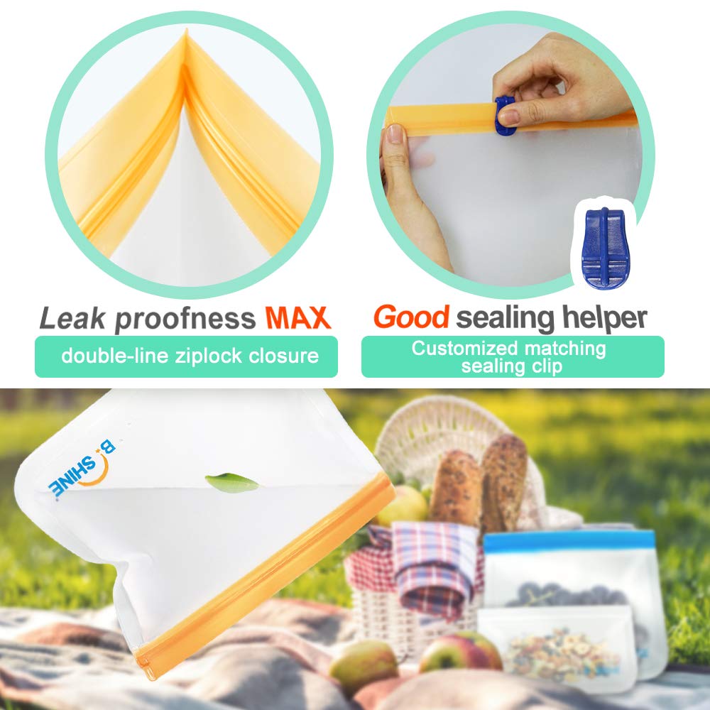 B.SHINE Reusable Storage Bags - 9 Pack Ziplock Sandwich Bag, Snack Bag, Lunch Bag with Matching Sealing Clip, Leakproof (9 Pack - 6 Sandwich Bags + 3 Snack Bags - Clear)
