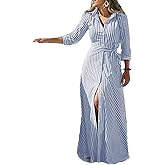 SOMTHRON Women's Summer Striped Shirt Dress 3/4 Sleeve Button Down Lapel Cotton Linen Maxi Dress with Belt