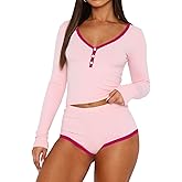 Lacozy Womens Pajama Sets Sexy 2 Piece Sexy Pj Set Woman V Neck Button Long Sleeve Crop Top and Shorts Lounge Sets