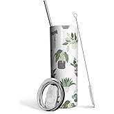 Mhrevyi Plant Print Skinny Tumbler With Lid and Straw - 20 oz Insulated Stainless Steel pot plant Travel Cup - Double Wall Coffee Mug - Birthday Gifts for Mom, Sister, Friends, Women