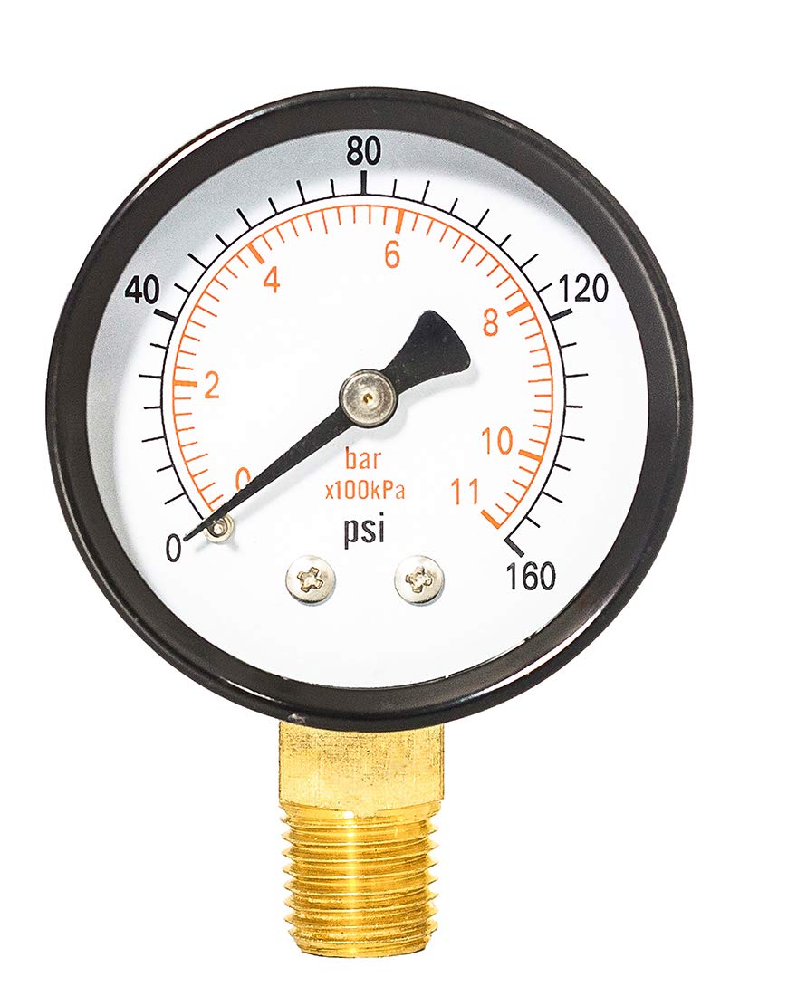 General Pressure Gauge, 2″ face Dia,0160 psi/bar/kpa, 1/4″ npt Lower
