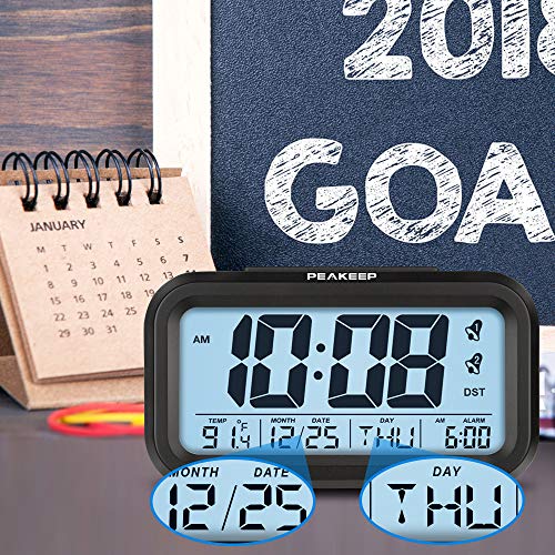 PEAKEEP DST Battery Digital Dual Alarm Clock, Low High Nightlight for Night, Multifunctional