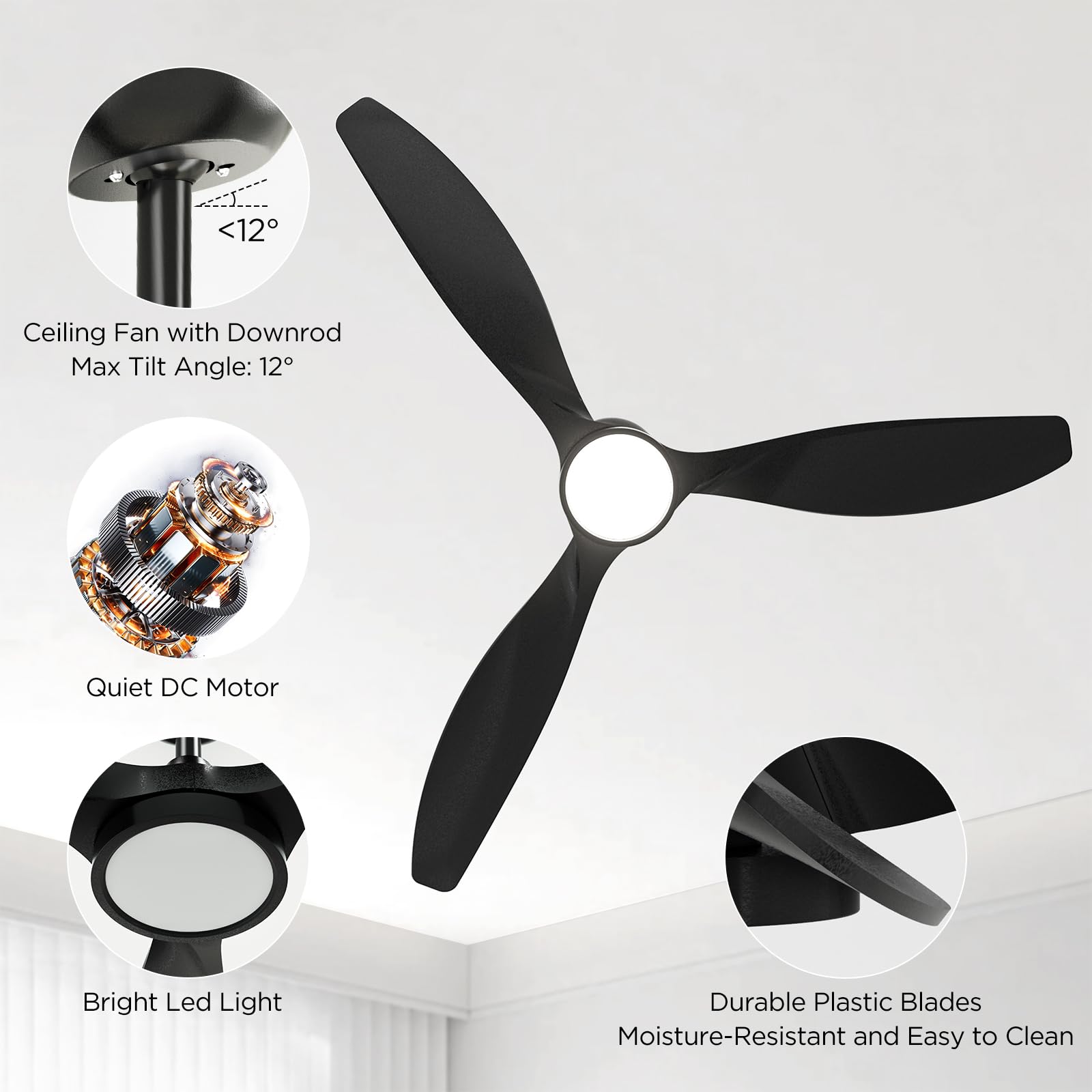 Roomratv Ceiling Fans with Lights, 52 Inch Ceiling Fan with Light and Remote, Black Ceiling Fan, DC Motor, 6 Speed, Quiet Noiseless, 3 CCT, Reversible, Plastic Blades, Indoor for Living Room Bedroom