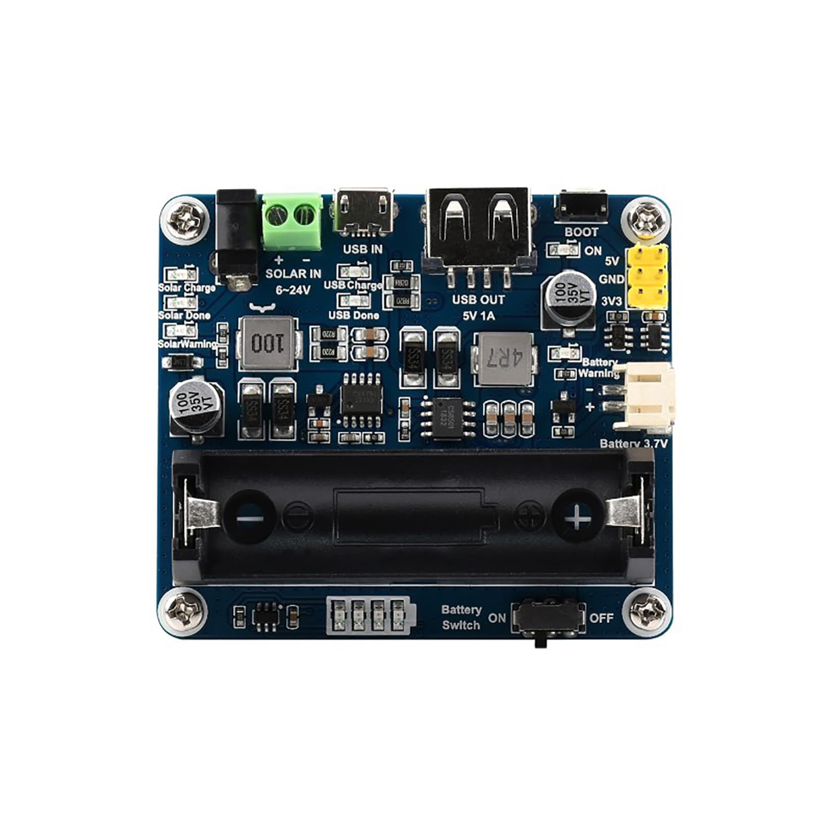 Waveshare Solar Power Management Module for 6V~24V Solar Panel Supports Solar Panel/USB Connection Battery Charging Onboard MPPT Set Switch DC-002 Jack/Screw Terminal Input