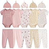 BABYSOLIS 0-12 Months Unisex Baby Pants Sets New born Bodysuit and Hats 15 Pack Boy Girl Infant Comfort Outfit Clothes