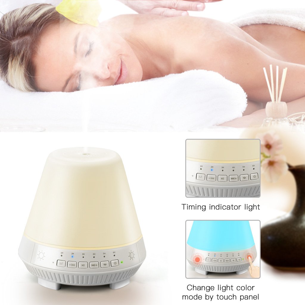 3-in-1 Cool Mist Humidifier Bluetooth Speaker Lamp, Smart Aroma Essential Oil Diffuser, VOSAKE Ultrasonic 300ml Mist Humidifier with 7 Color Lights Changing, Bluetooth Aroma Humidifier, Waterless Auto Shut-off & Timing, Alarm, 1-6 Hour Time