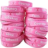 50 Pack Breast Cancer Awareness Pink Ribbon Bracelets Hope Faith Strength Courage Inspiring Wristbands