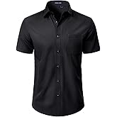 DEMEANOR Mens Short Sleeve Dress Shirts Stretch Solid Business Casual Summer Formal Wedding Button Down Shirts with Pocket