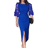 CHICME Bodycon Midi Dress for Women Mesh Puff Sleeve Slit Work Cocktail Wedding Dresses with Belt