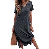 Dyexces Women Summer T Shirt Dress Casual Short Sleeve V Neck Maxi Dresses Loose Side Slit Long Tshirt Dress with Pockets