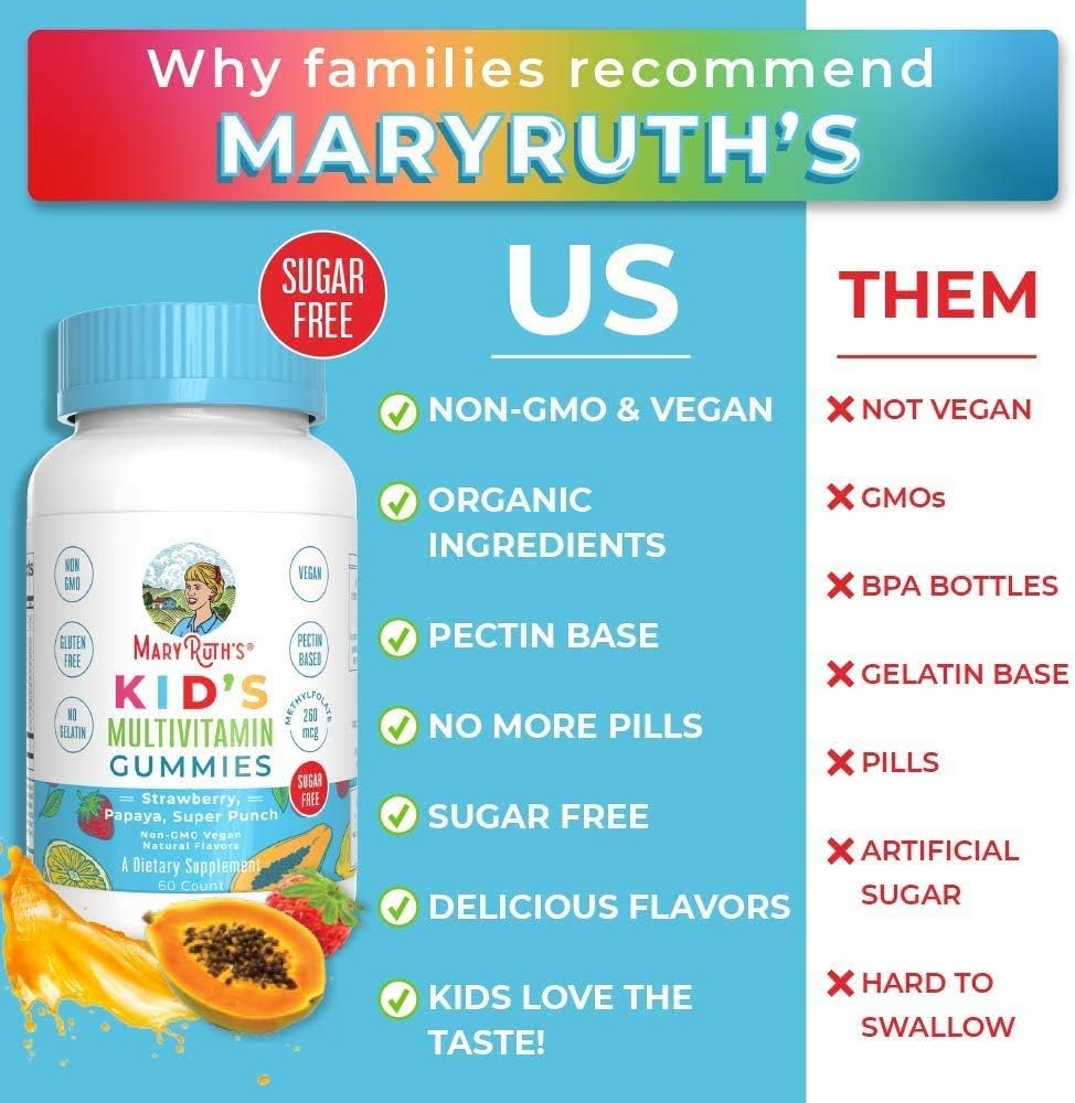 Vegan Kids Multivitamin Gummies by MaryRuth's - Organic Ingredients - Immune Boost - Methylfolate - Sugar Free - Non-GMO Vitamin Chewables 60ct: Health & Personal Care