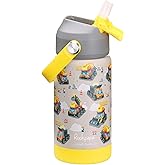 rockpapa 14 oz Kids Insulated Water Bottle，Stainless Steel Toddler Cups with Straws, BPA Free, Leak-Proof, Kids Water Bottle for School Boys& Girls (Grey Constr Trucks)