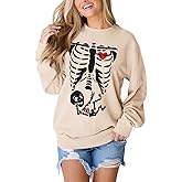 SOFEON Women Halloween Sweatshirt X-Ray Skeleton Maternity Sweatshirt Funny Pregnancy Announcement Crewneck Pullover Tops
