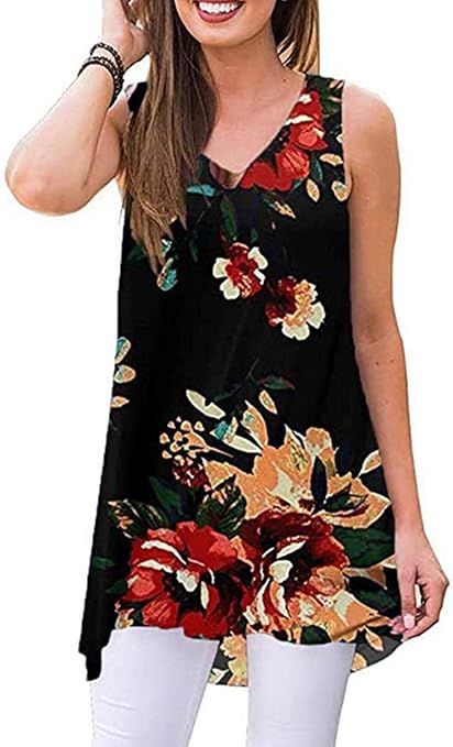 Akihoo Women Summer Sleeveless V-Neck Hi-Low T-Shirt Tunic Top Blouse Shirts
