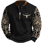 HOTYD Aztec Cowboy Jacket Men Vintage Bullhorn Printed Oversized Western Sweatshirt Long Sleeve Quarter Zip Pullover