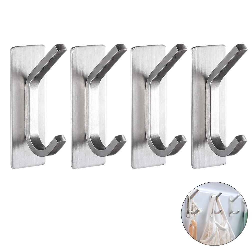 June tech Stick on Hooks for Hanging Extra Sticky Metal Stainless Hooks Coat Hook on Door for Towel Coat Hat Key Removable Hanger for Bathroom Kitchen 4 Pack (Silver)