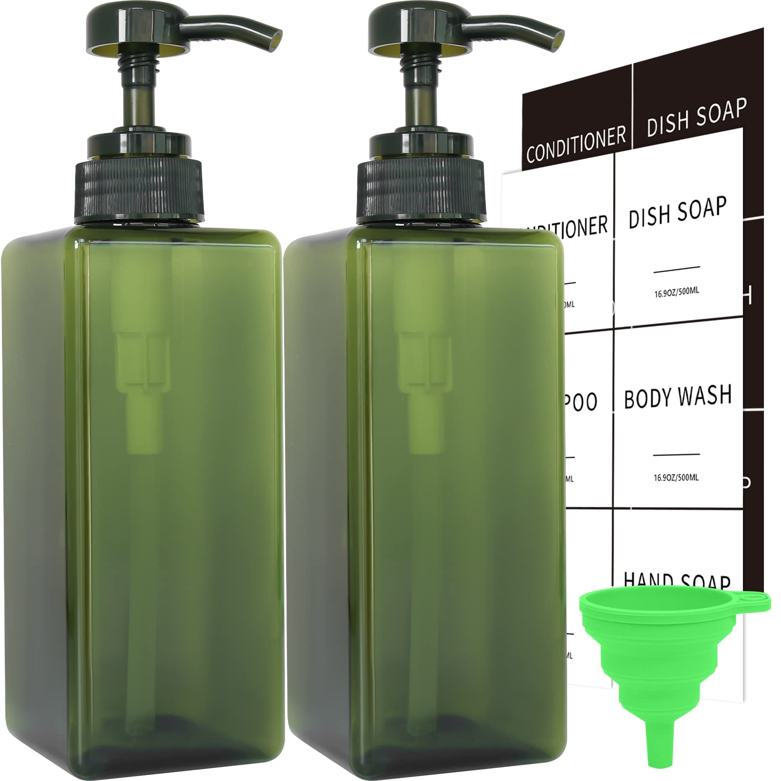 Green Soap Dispenser with Waterproof Labels, Thickened Plastic Hand Soap Dispenser for Bathroom, Kitchen Dish Washing Liquid Bottles, Shampoo and Conditioner Bottles with Funnel (16oz 2Pack Green)