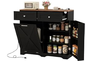 Giantex Kitchen Island with Tilt Out Trash Can Cabinet 10 Gallon, Power Outlet, 2 Drawers, Adjustable Shelves, Hidden Storage Garbage Bin Cabinet for Dining Room Laundry Room (Black+Walnut)