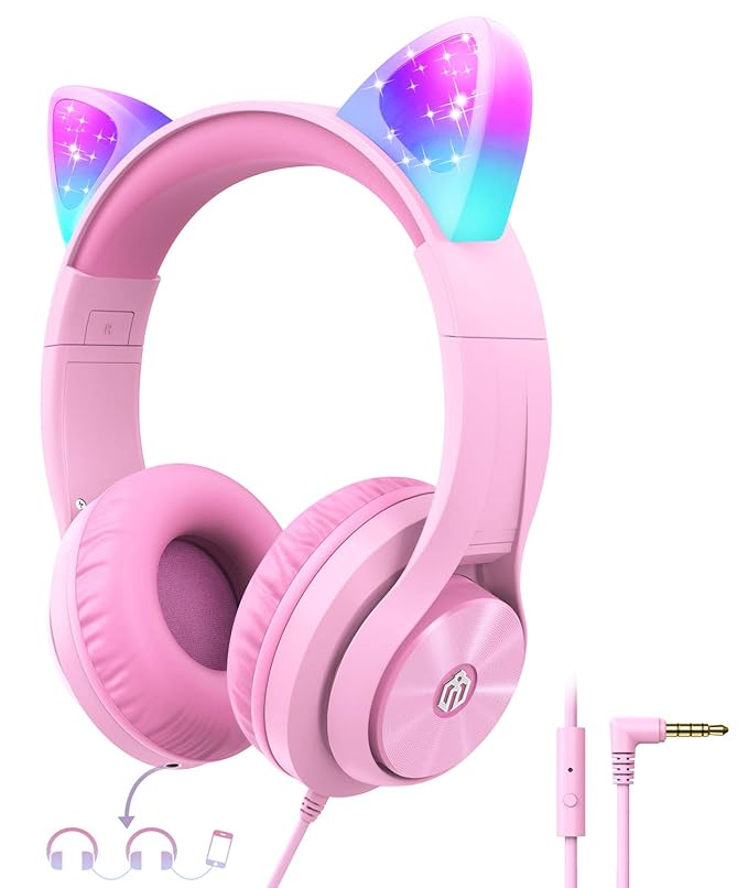 iClever Led Light Up Cat Ear Girls Boys Headphones OverEar with Microphone, 94dB Volume Limited