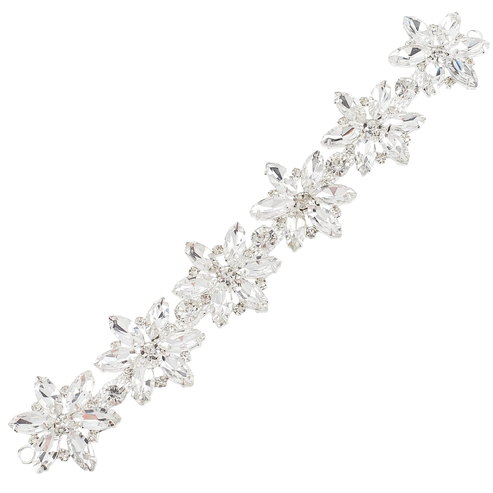FINGERINSPIRE Shiny Flower Glass Rhinestone Collar Trim (Platinum, 21.2x3.6cm) Crystal Chain Trim with Hole, Decorative Rhinestone Applique Flower Chain for DIY Shoes, Belt, Bag, Hat, Hairband