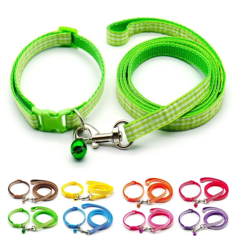 Small Dog Puppy Pet Collar and Lead Set Check Design Nylon Adjustable Size 19-32cm Collar with Bell and 120cm Leash Green