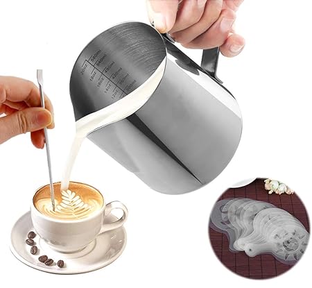 Milchkännchen Edelstahl ,Tatuer Milch Schalen Milchkanne Milk Pitcher 600ml/21 fl.oz Milchschaumkännchen Kaffeekannen + 1*Lat
