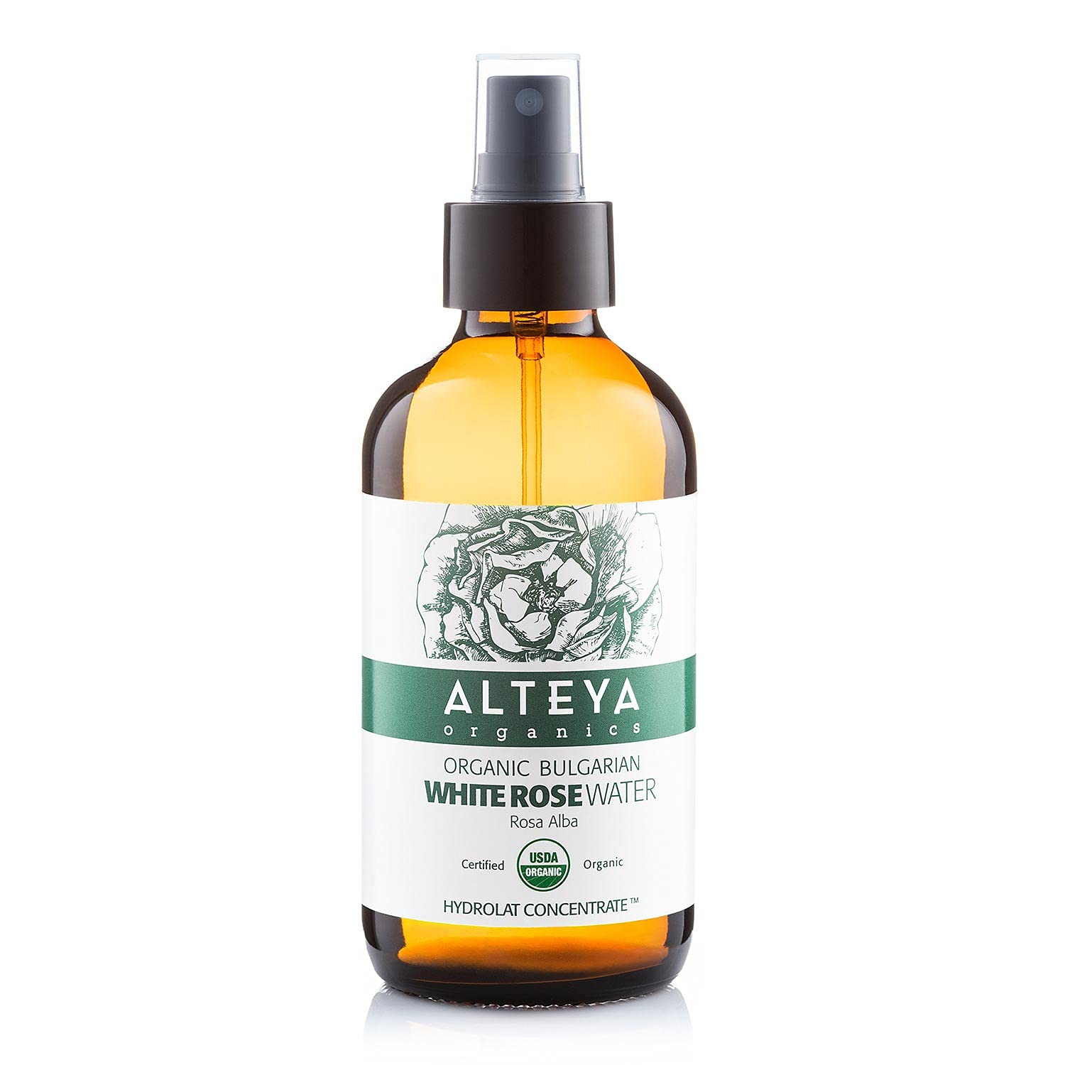 Alteya Organic White Rose Water Spray 240ml Glass - Pure Organic Rosa Alba Hydrolat - USDA Certified Organic - Sensitive Skin - Face Toner, Revitalizing Body, Condition Hair & Scalp