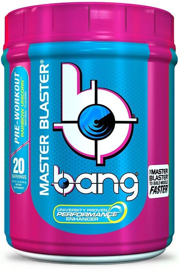 Bang Master Blaster Pre Workout Supplement | Powerful Energy Drink Powder with BCAAs, Super Creatine, Creatine Monohydrate, Beta Alanine to Build Lean Muscle | 20 Servings (Rainbow Unicorn)