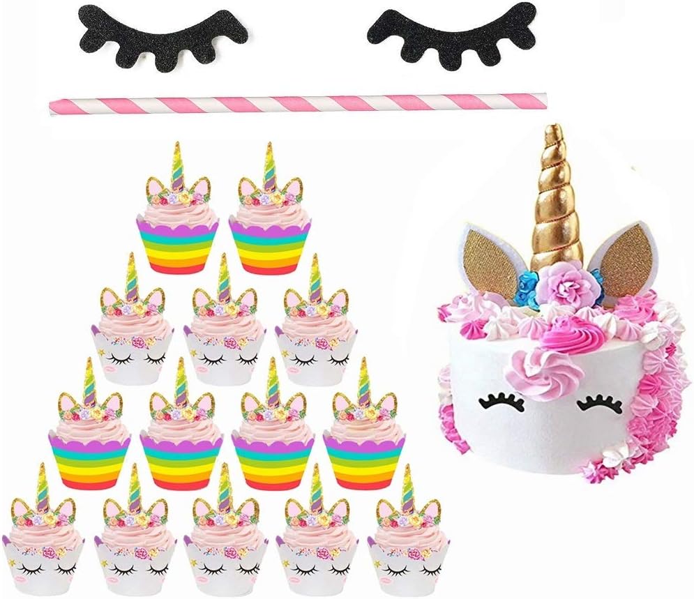 Unicorn Cupcake Wrappers Liners Golden Cake Topper Horn Ears with Flowers and Eyelashes Party Decoration Supplies Perfect for Birthday Baby Shower Onesie set 50